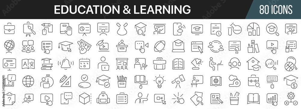 Education and learning line icons collection. Big UI icon set in a flat design. Thin outline icons pack. Vector illustration EPS10 - obrazy, fototapety, plakaty 