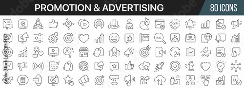 Promotion and advertising line icons collection. Big UI icon set in a flat design. Thin outline icons pack. Vector illustration EPS10