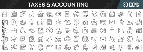 Taxes and accounting line icons collection. Big UI icon set in a flat design. Thin outline icons pack. Vector illustration EPS10