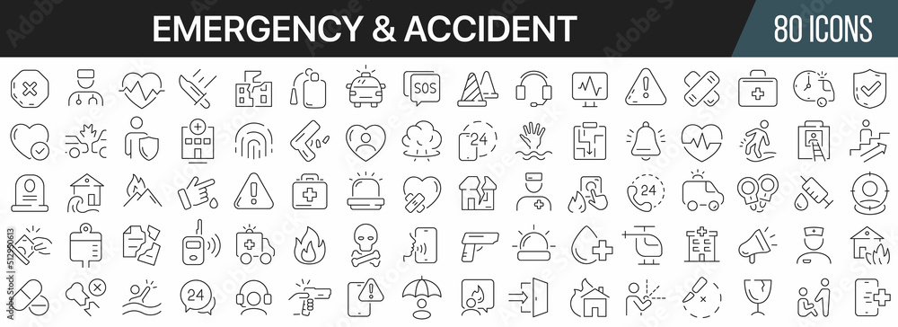 Accident and emergency line icons collection. Big UI icon set in a flat design. Thin outline icons pack. Vector illustration EPS10 Accident and emergency line icons collection. Big UI icon set in a flat design. Thin outline icons pack. Vector illustration EPS10