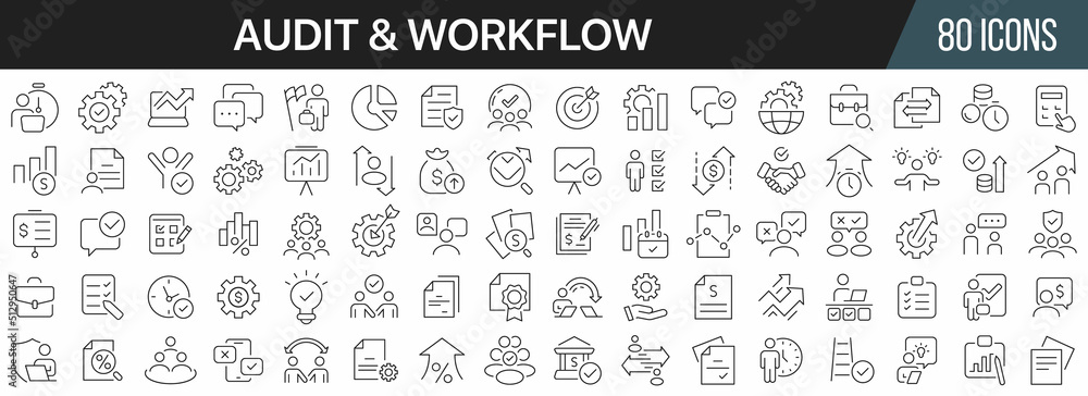 Audit and workflow line icons collection. Big UI icon set in a flat design. Thin outline icons pack. Vector illustration EPS10 - obrazy, fototapety, plakaty 