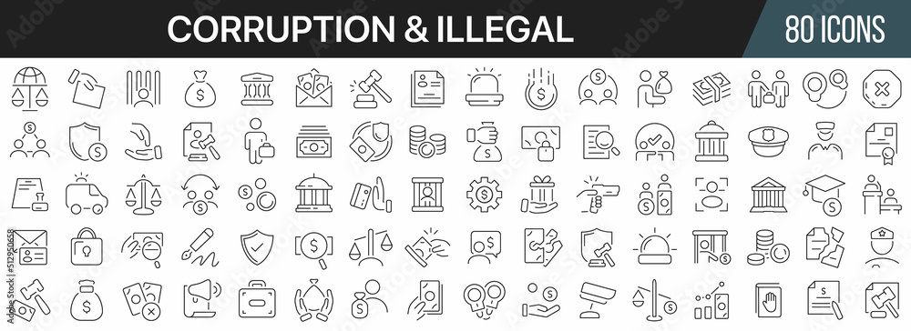 Corruption and illegal line icons collection. Big UI icon set in a flat design. Thin outline icons pack. Vector illustration EPS10 Corruption and illegal line icons collection. Big UI icon set in a flat design. Thin outline icons pack. Vector illustration EPS10