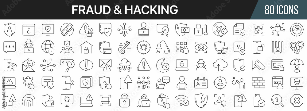 Fraud and hacking line icons collection. Big UI icon set in a flat design. Thin outline icons pack. Vector illustration EPS10 - obrazy, fototapety, plakaty 