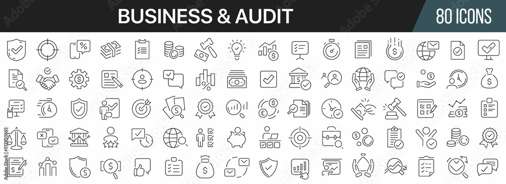 Audit and business line icons collection. Big UI icon set in a flat design. Thin outline icons pack. Vector illustration EPS10