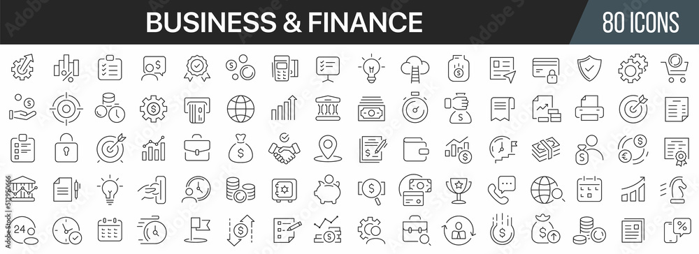 Finance and business line icons collection. Big UI icon set in a flat design. Thin outline icons pack. Vector illustration EPS10 - obrazy, fototapety, plakaty 