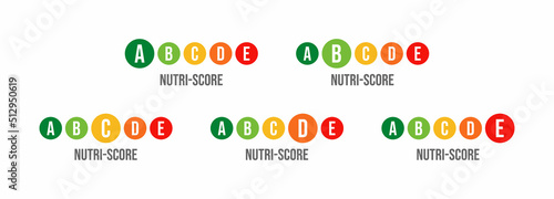 Vector illustration of nutrition labels isolated on white background. Color nutri-score ranging. Health care signs for food and drink packaging. 