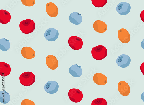 Seamless pattern with different berries. Texture with cherry sea buckthorn and blueberry in cartoon style.