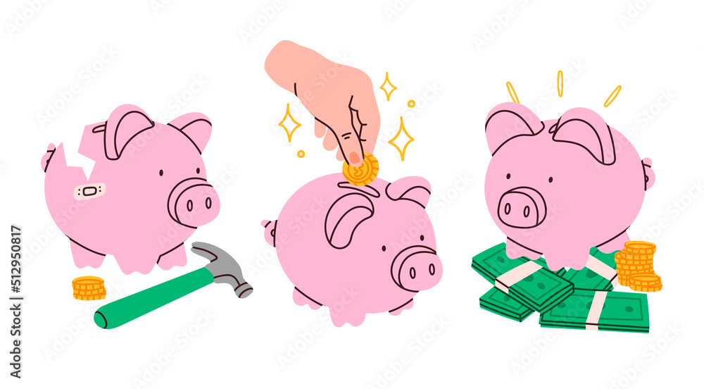 Piggy bank set. Piggy on a stack of money, hand putting coin into piggy bank,  broken pig. Earning money, savings, investment, business advertising  concept. Hand drawn isolated Vector illustration Stock Vector |