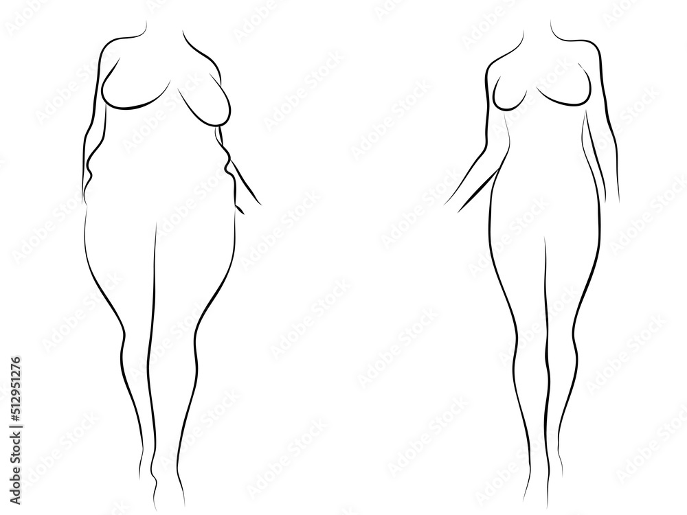 Vector conceptual fat overweight obese female vs slim fit healthy body after weight loss or diet with muscles thin young woman isolated. Fitness, nutrition or fatness obesity, health silhouette shape Vector conceptual fat overweight obese female vs slim fit healthy body after weight loss or diet with muscles thin young woman isolated. Fitness, nutrition or fatness obesity, health silhouette shape