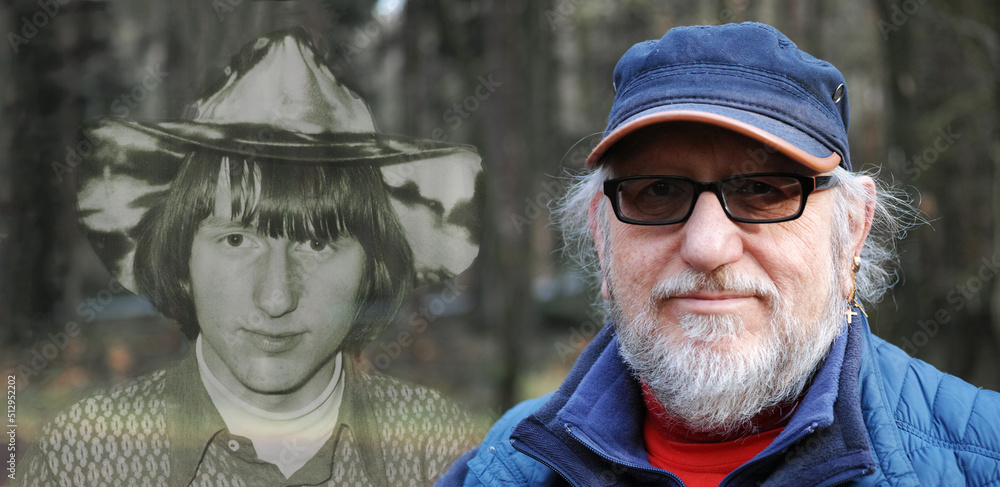 Two times the portrait of the same man. On the left he is 18 years old and wears a hat. On the right he is 61 years, has a beard, glasses and wears a cap. Two times the portrait of the same man. On the left he is 18 years old and wears a hat. On the right he is 61 years, has a beard, glasses and wears a cap.