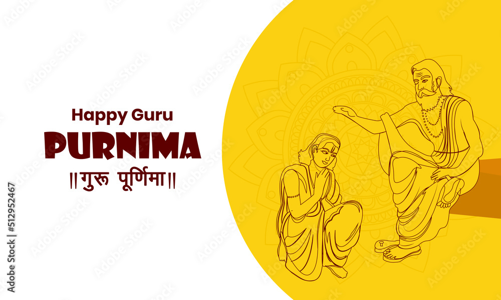 Vector line art illustration for Indian festival guru purnima celebration. Hindi text Guru Purnima, Greeting card design. - obrazy, fototapety, plakaty 