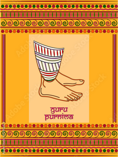 Beautiful indian traditional madhubani art illustration of guru feet and background design. Happy Guru Purnima. photo