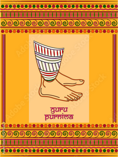 Beautiful indian traditional madhubani art illustration of guru feet and background design. Happy Guru Purnima.