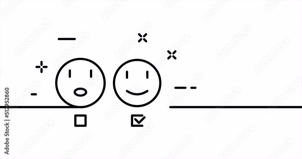 Smiling and surprised emoticons with check boxes. Check marks, review, rate, rating, comment. Feedback concept. One line drawing animation. Motion design. Animated technology logo. Video 4K Smiling and surprised emoticons with check boxes. Check marks, review, rate, rating, comment. Feedback concept. One line drawing animation. Motion design. Animated technology logo. Video 4K
