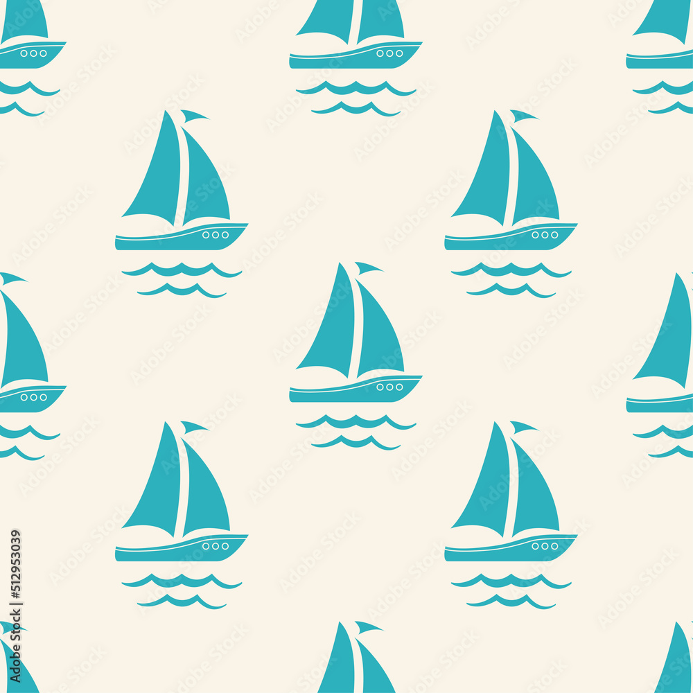 Seamless marine pattern with cute cartoon sailing boats and waves. Marine vector illustration. Silhouette background. Cute design for fabric, paper, cover, interior decor.