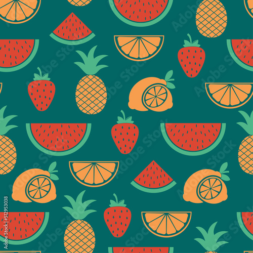 Summer seamless pattern with pineapple, watermelon, strawberry and lemon. Vector summer illustration. Cute design for fabric, paper, cover, interior decor and other users.