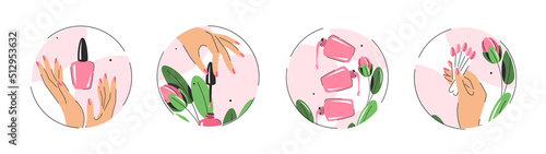 Set of icons for nail studio. Nail polish, nail brush, manicured female hands. Vector illustrations