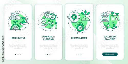 Methods of gardening green onboarding mobile app screen. Planting walkthrough 4 steps editable graphic instructions with linear concepts. UI, UX, GUI template. Myriad Pro-Bold, Regular fonts used