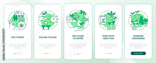 Gardening tips green onboarding mobile app screen. Successful planting walkthrough 5 steps editable graphic instructions with linear concepts. UI, UX, GUI template. Myriad Pro-Bold, Regular fonts used