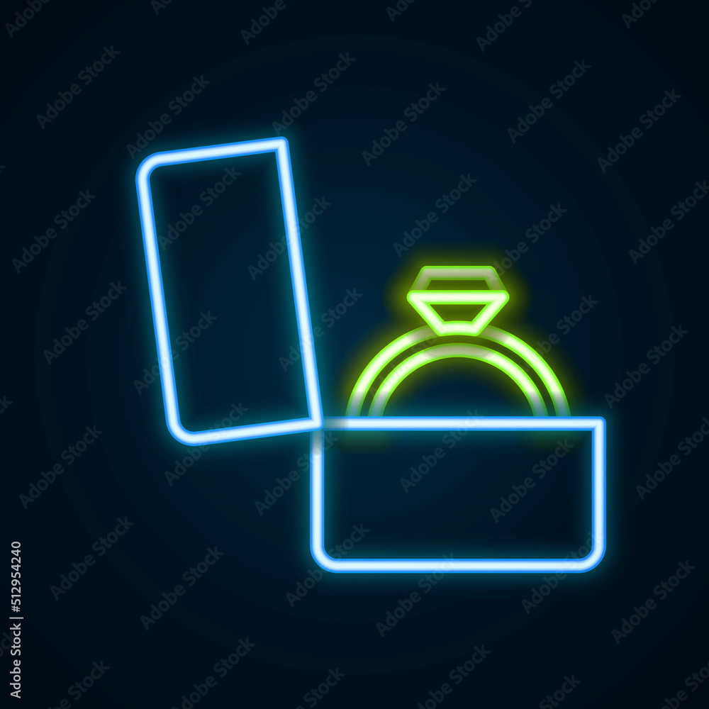 Glowing neon line Diamond engagement ring in a box icon isolated on black background. Colorful outline concept. Vector Glowing neon line Diamond engagement ring in a box icon isolated on black background. Colorful outline concept. Vector