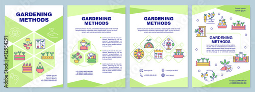 Gardening methods green brochure template. Planting innovation. Leaflet design with linear icons. Editable 4 vector layouts for presentation, annual reports. Arial-Black, Myriad Pro-Regular fonts used