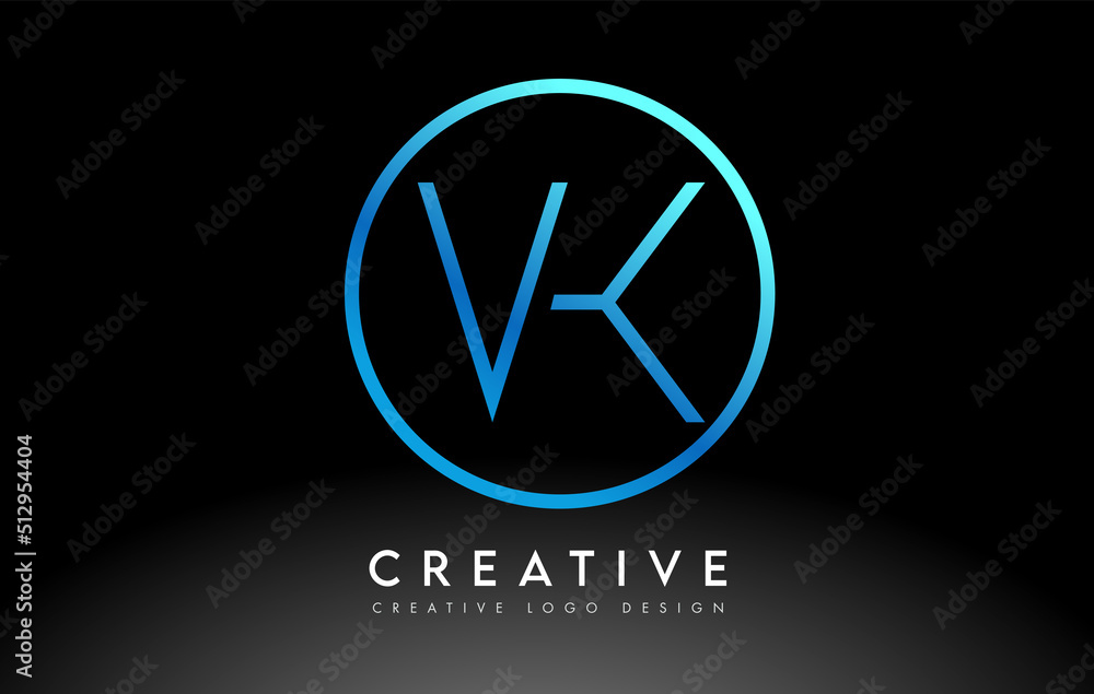 Neon Blue VK Letters Logo Design Slim. Creative Simple Clean Letter Concept. Neon Blue VK Letters Logo Design Slim. Creative Simple Clean Letter Concept.