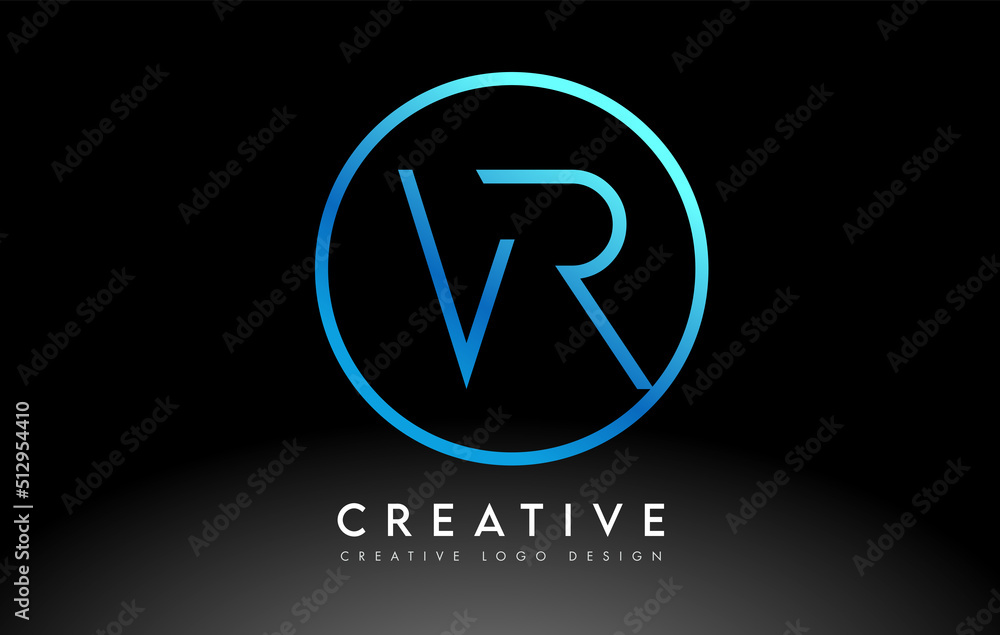 Neon Blue VR Letters Logo Design Slim. Creative Simple Clean Letter Concept. Neon Blue VR Letters Logo Design Slim. Creative Simple Clean Letter Concept.