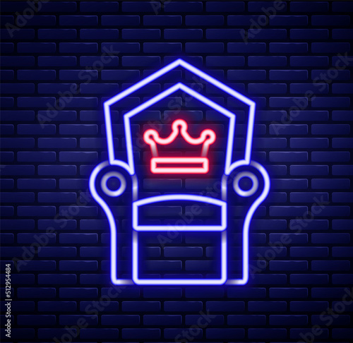 Glowing neon line Medieval throne icon isolated on brick wall background. Colorful outline concept. Vector