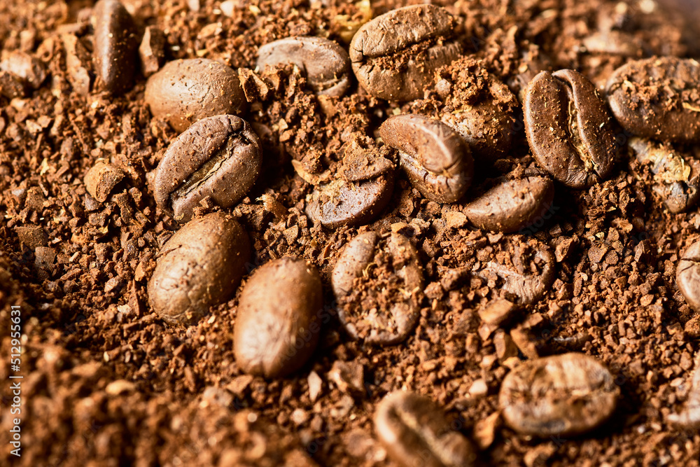 Ground coffee and coffee beans. Ground coffee and coffee beans.