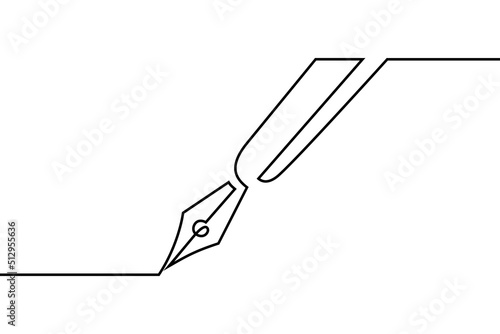 Fountain pen in continuous line art drawing style. Writing or signing document using status symbol vintage ink pen.  Black linear design isolated on white background. Vector illustration