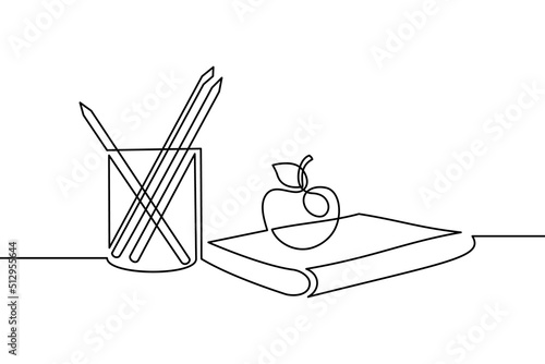 School supplies in continuous line art drawing style. Stationery, book and apple, back to school symbols. Black linear design isolated on white background. Vector illustration
