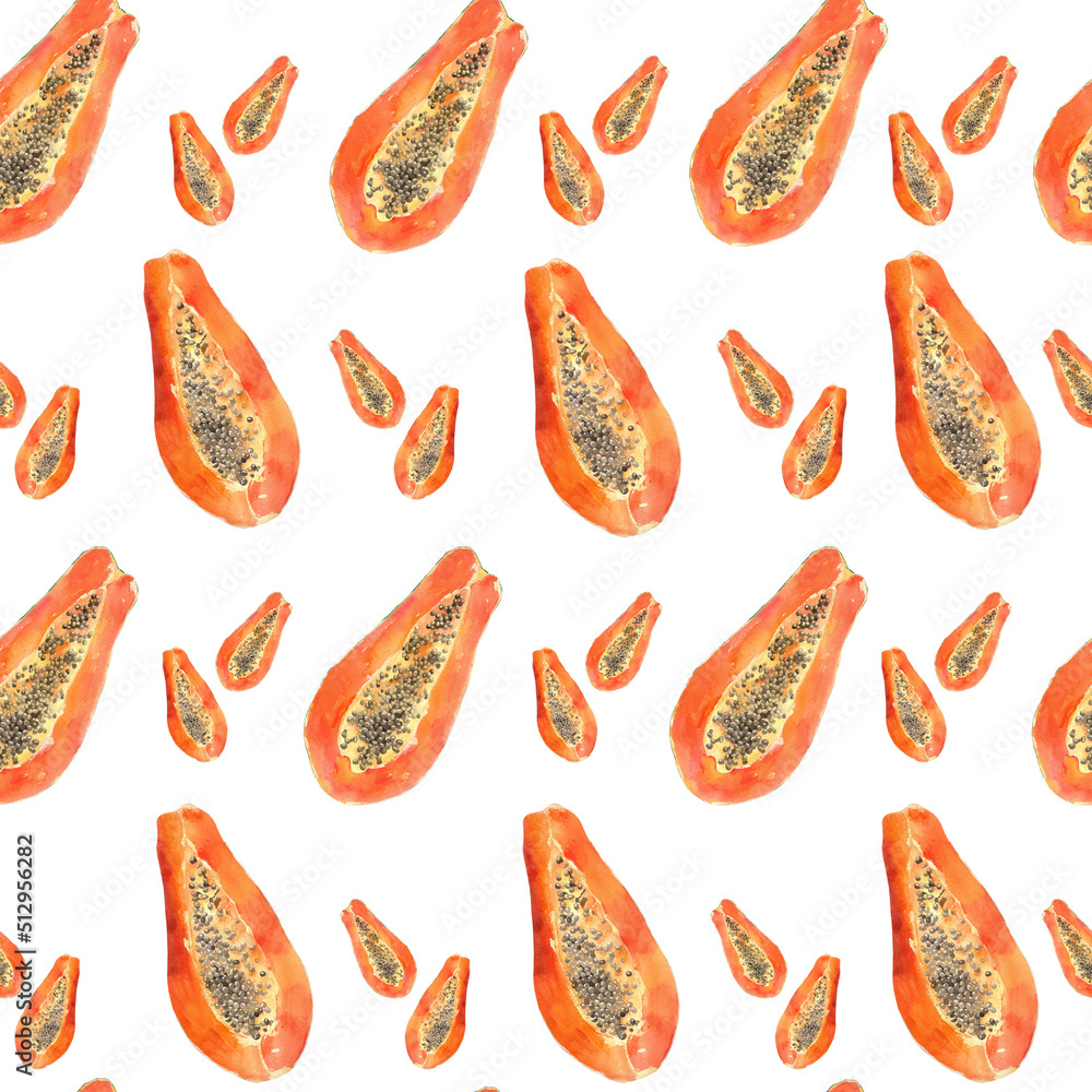 Fruit endless design for fabric, wrap paper or wallpaper. Papaya painted with watercolour isolated on a white background. Food seamless pattern. Fruit endless design for fabric, wrap paper or wallpaper. Papaya painted with watercolour isolated on a white background. Food seamless pattern.