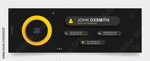 creative Business email signature with an author photo place modern and minimal layout, black background and yellow color design