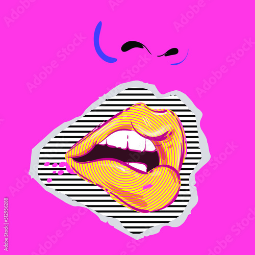 Vector abstract illustration with lips with lipstick in collage technique. Bright background in psychedelic style. Magazine clippings, pop-art. Trippy