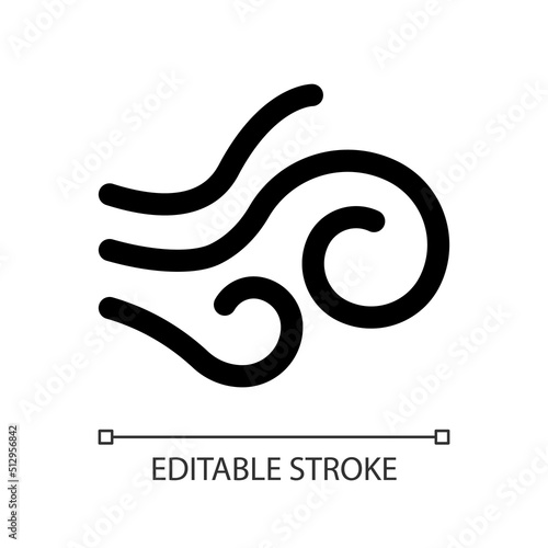 Strong wind white linear ui icon. Wind force and speed. Weather forecasting. GUI, UX design. Outline isolated user interface element for app and web. Editable stroke. Arial font used