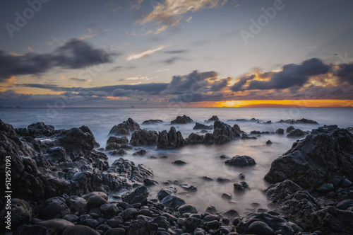 Sunrise on Reis Magos beach. Canico  Madeira  Portugal. October 2021. Long exposure picture