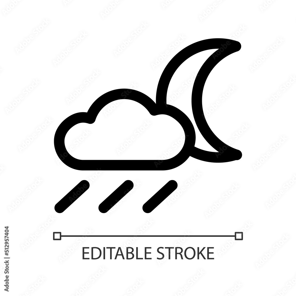 Raining at night white linear ui icon. Nighttime precipitation prediction. GUI, UX design. Outline isolated user interface element for app and web. Editable stroke. Arial font used Raining at night white linear ui icon. Nighttime precipitation prediction. GUI, UX design. Outline isolated user interface element for app and web. Editable stroke. Arial font used
