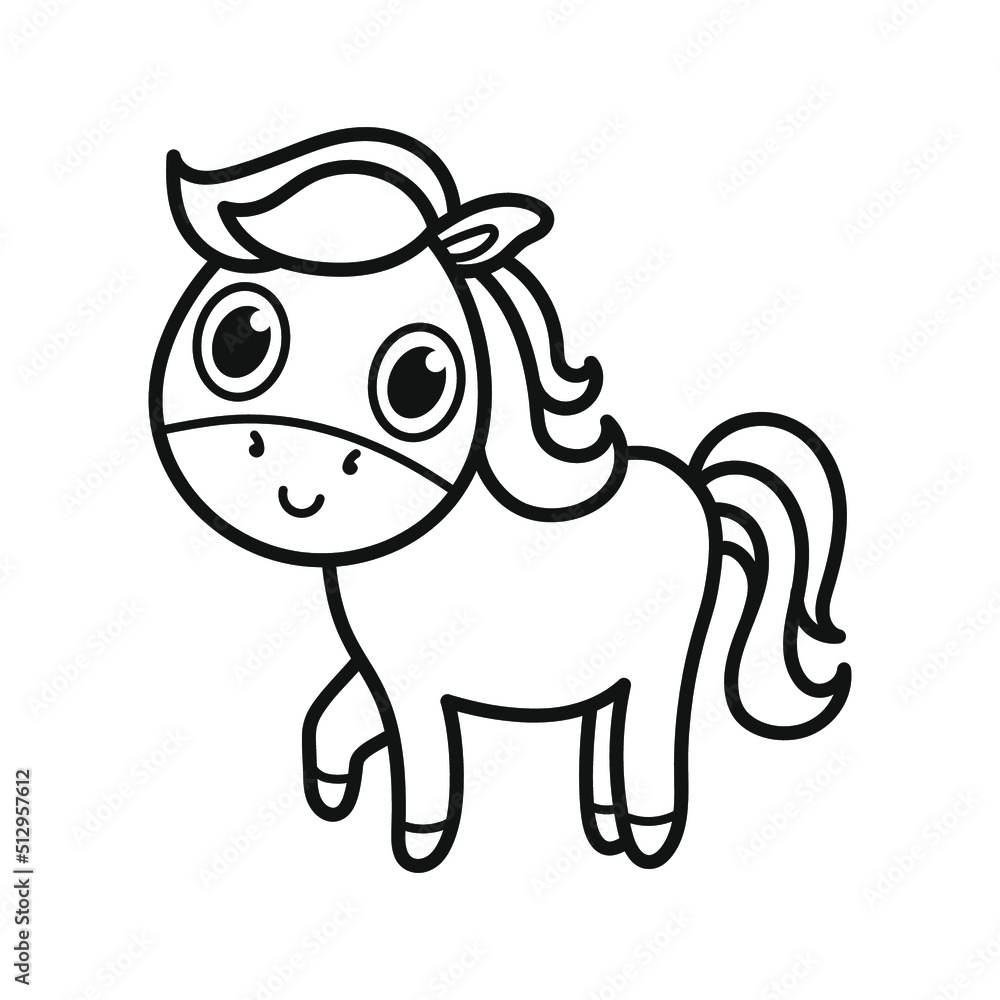 Fototapeta premium Cute baby horse. Coloring. Black and white vector illustration.
