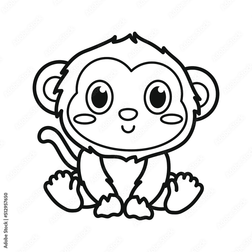 Obraz premium Cute baby monkey. Coloring. Black and white vector illustration.