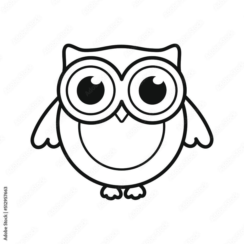 Cute owl with big eyes. Coloring. Black and white vector illustration.