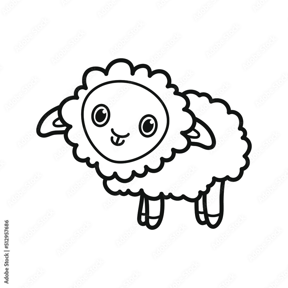 Fototapeta premium Cute curly sheep. Coloring. Black and white vector illustration.