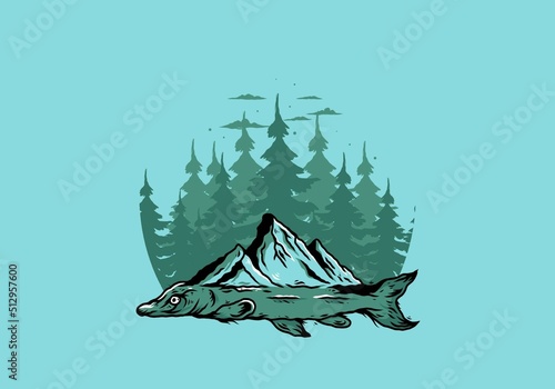 Arapaima fish and mountain illustration