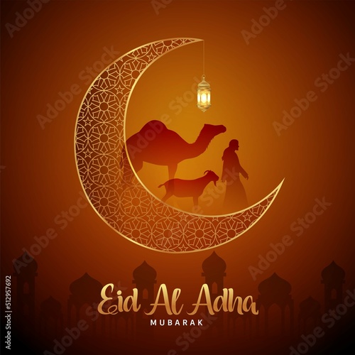 happy Eid Al Adha Mubarak the celebration of Muslim community festival background design with goat,camel, crescent, and lanterns.Vector Illustration design