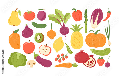 Fototapeta Naklejka Na Ścianę i Meble -  Vector set of hand drawn colorful doodle fruits and vegetables. Healthy lifestyle concept in cartoon sketch style. Icons with apple, pear, onion, lemon, cucumber, tomato, pineapple, strawberry, beet.