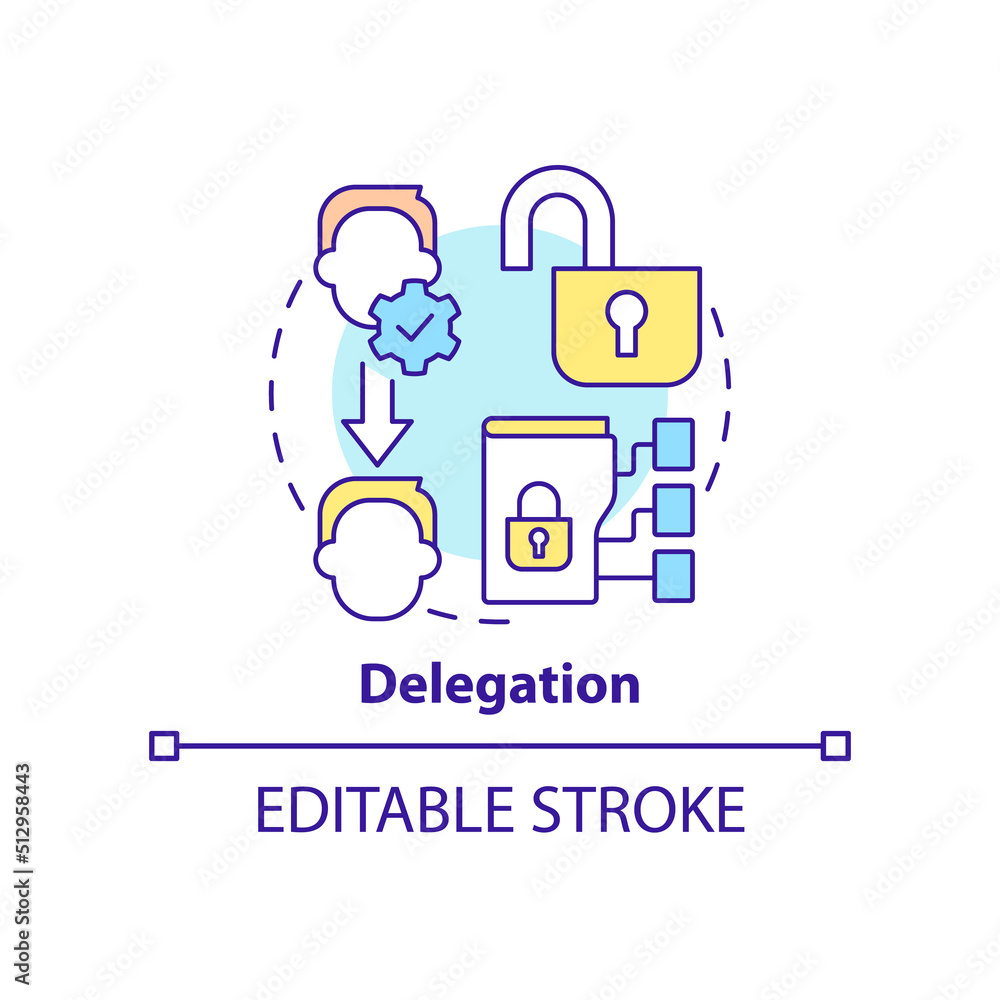 Delegation concept icon. Identity management capability abstract idea thin line illustration. System modifications. Isolated outline drawing. Editable stroke. Arial, Myriad Pro-Bold fonts used Delegation concept icon. Identity management capability abstract idea thin line illustration. System modifications. Isolated outline drawing. Editable stroke. Arial, Myriad Pro-Bold fonts used