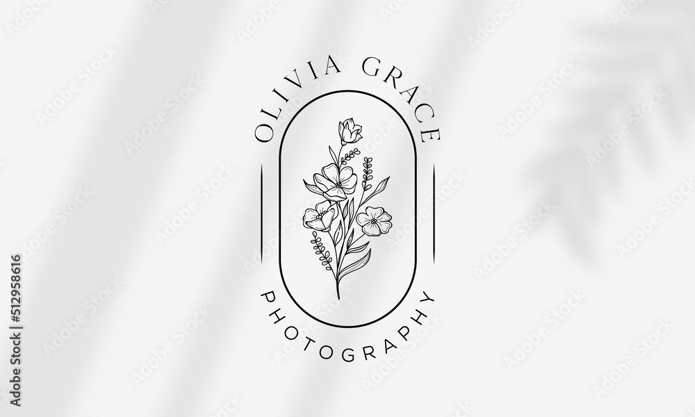 Fototapeta premium Botanical Floral element Hand Drawn Logo with Wild Flower and Leaves. Logo for spa and beauty salon, boutique, organic shop, wedding, floral designer, interior, photography, cosmetic.