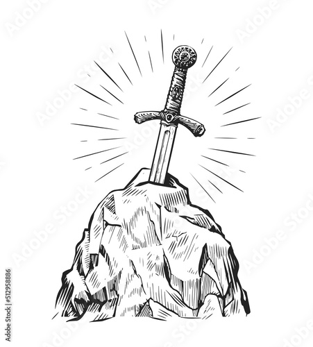 Excalibur sword in the stone. Hand drawn sketch in vintage engraving style. Vector illustration photo