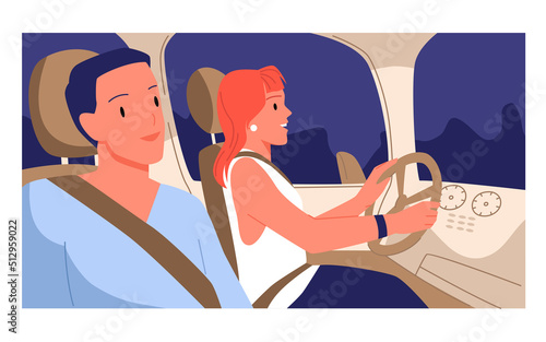 Couple with in safety belts sitting inside car on seats, side view vector illustration. Cartoon happy woman holding steering wheel and driving automobile, cheerful man looking at window background