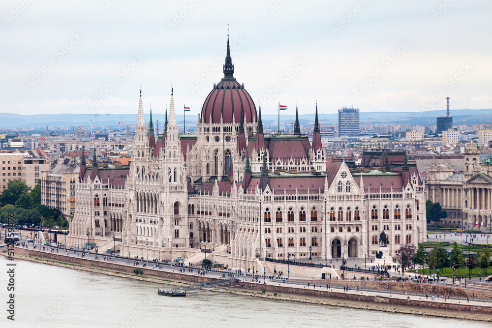 Aerial view of the Hungarian Parliament Building alongside the Danube in Budapest
