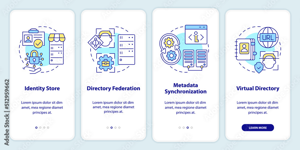 Directory services onboarding mobile app screen. Data storage walkthrough 4 steps editable graphic instructions with linear concepts. UI, UX, GUI template. Myriad Pro-Bold, Regular fonts used